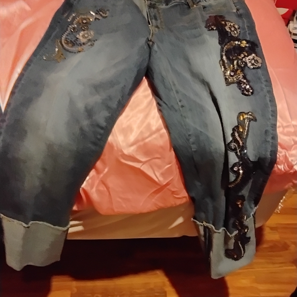 Denim 24/7 Dark Blue Embellished Cropped Jeans